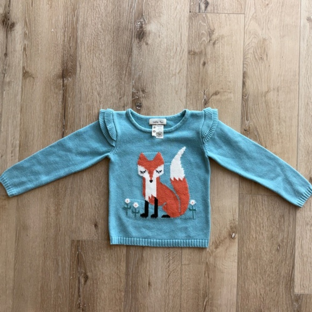 Matilda Jane Girls Turquoise Blue Fox Intarsia Knit Ruffle Shoulder Sweater 4